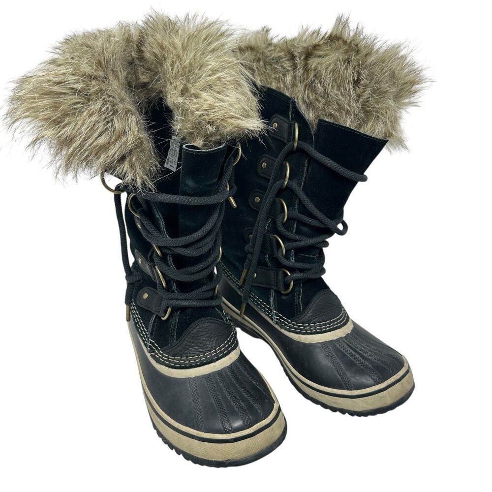 Sorel Black Joan of Arctic Suede and Fur Wool Lined Tall Lace Up Boots 7